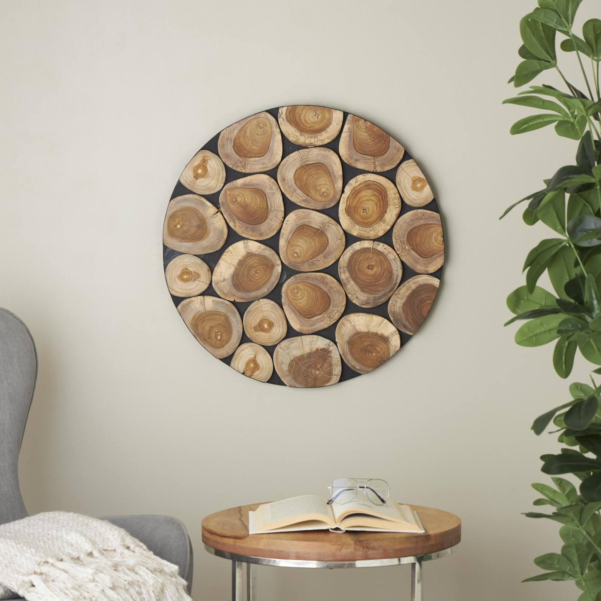 24" x 24" Brown Teak Wood Abstract Handmade Round Mosaic Inspired Wood Slab with Black Backing Wall Décor